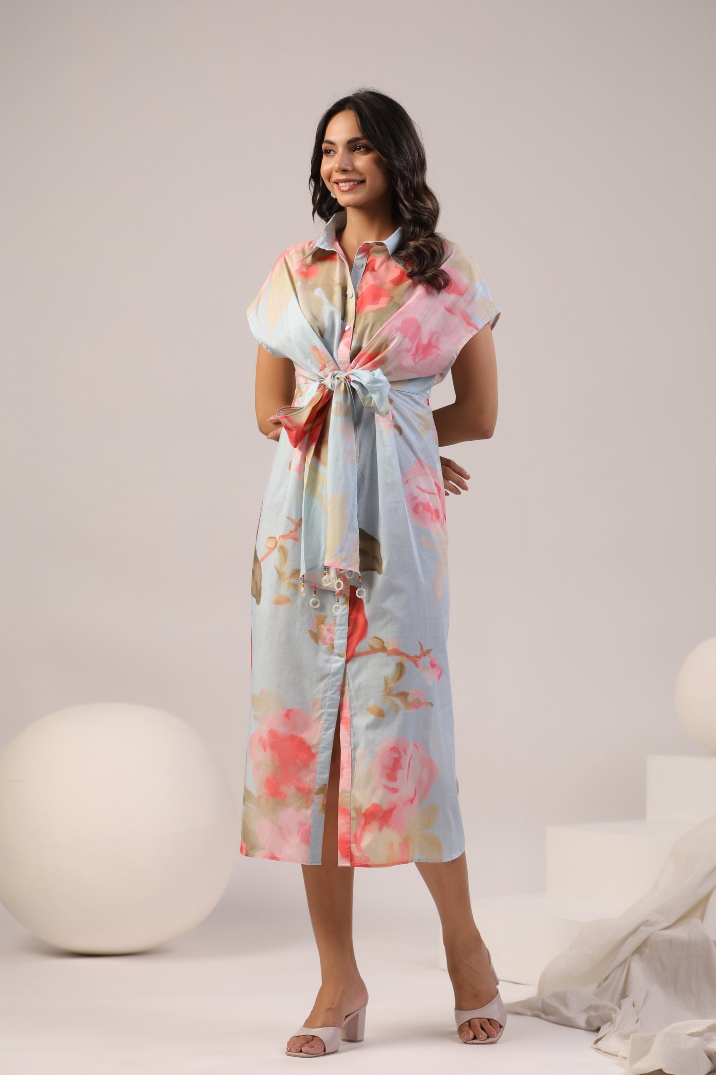 Pastel Bloom Front-Tie Midi Dress