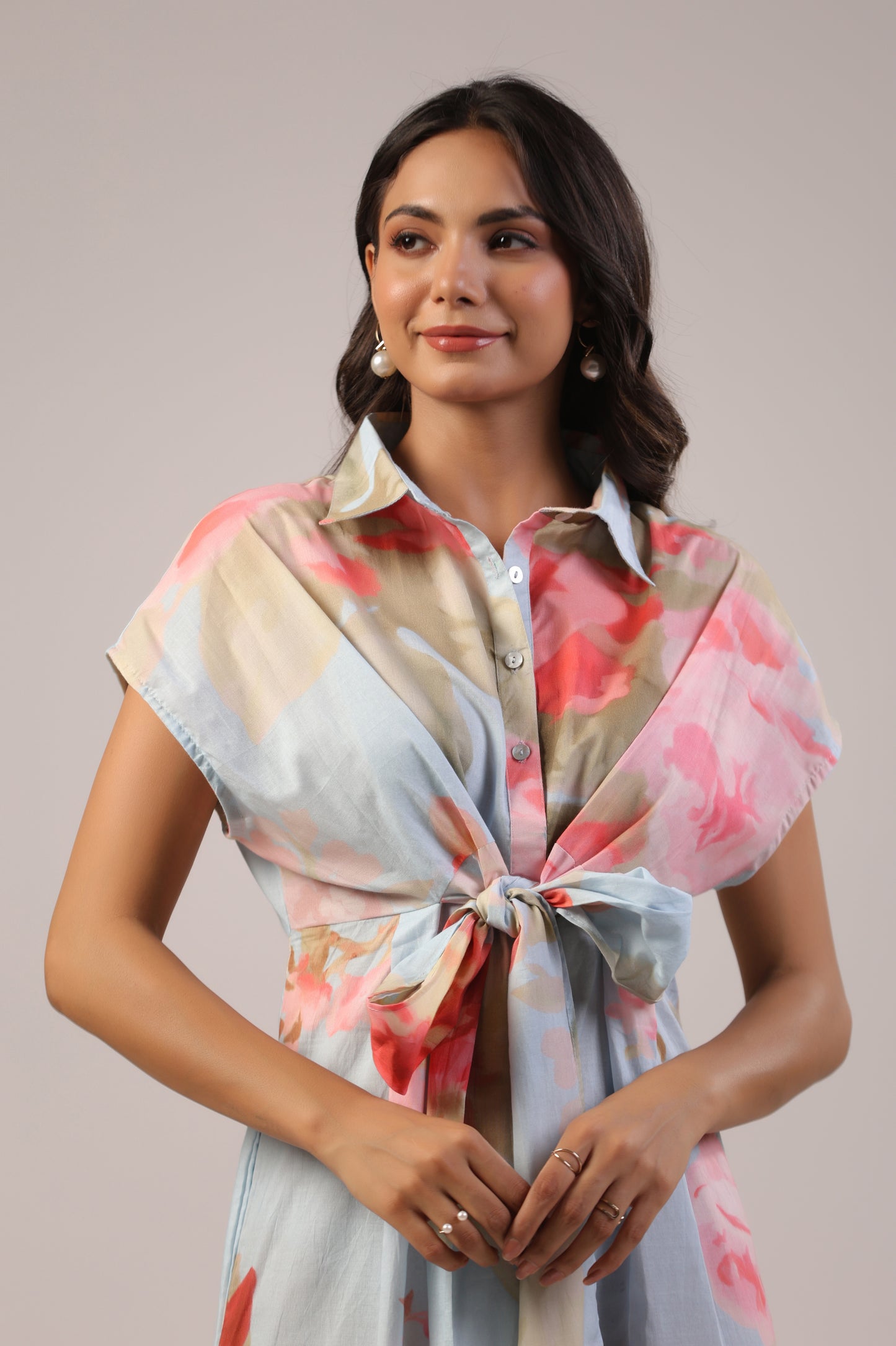 Pastel Bloom Front-Tie Midi Dress