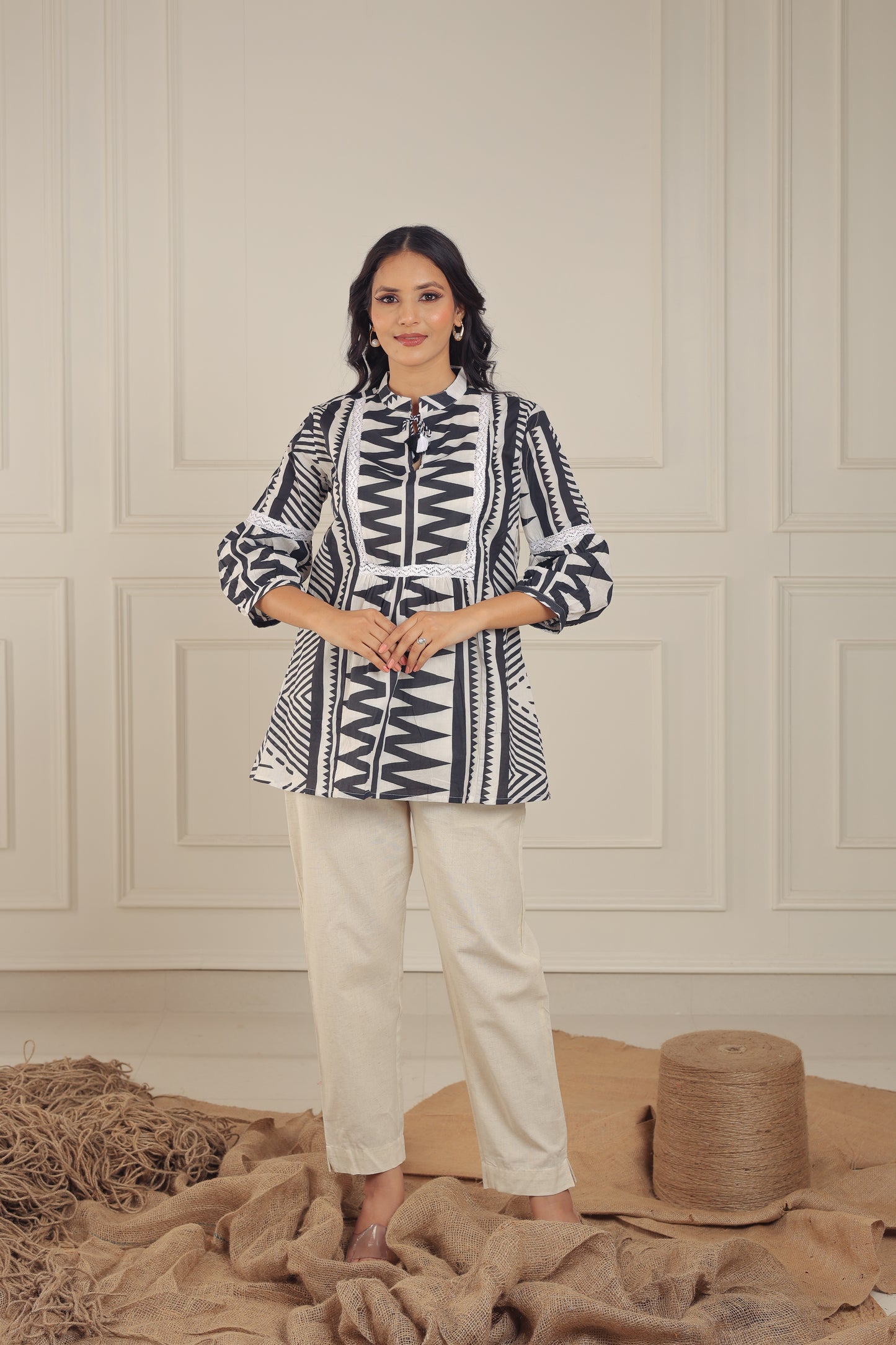 Black & White Tribal Print Cotton Peplum Top - Tunic