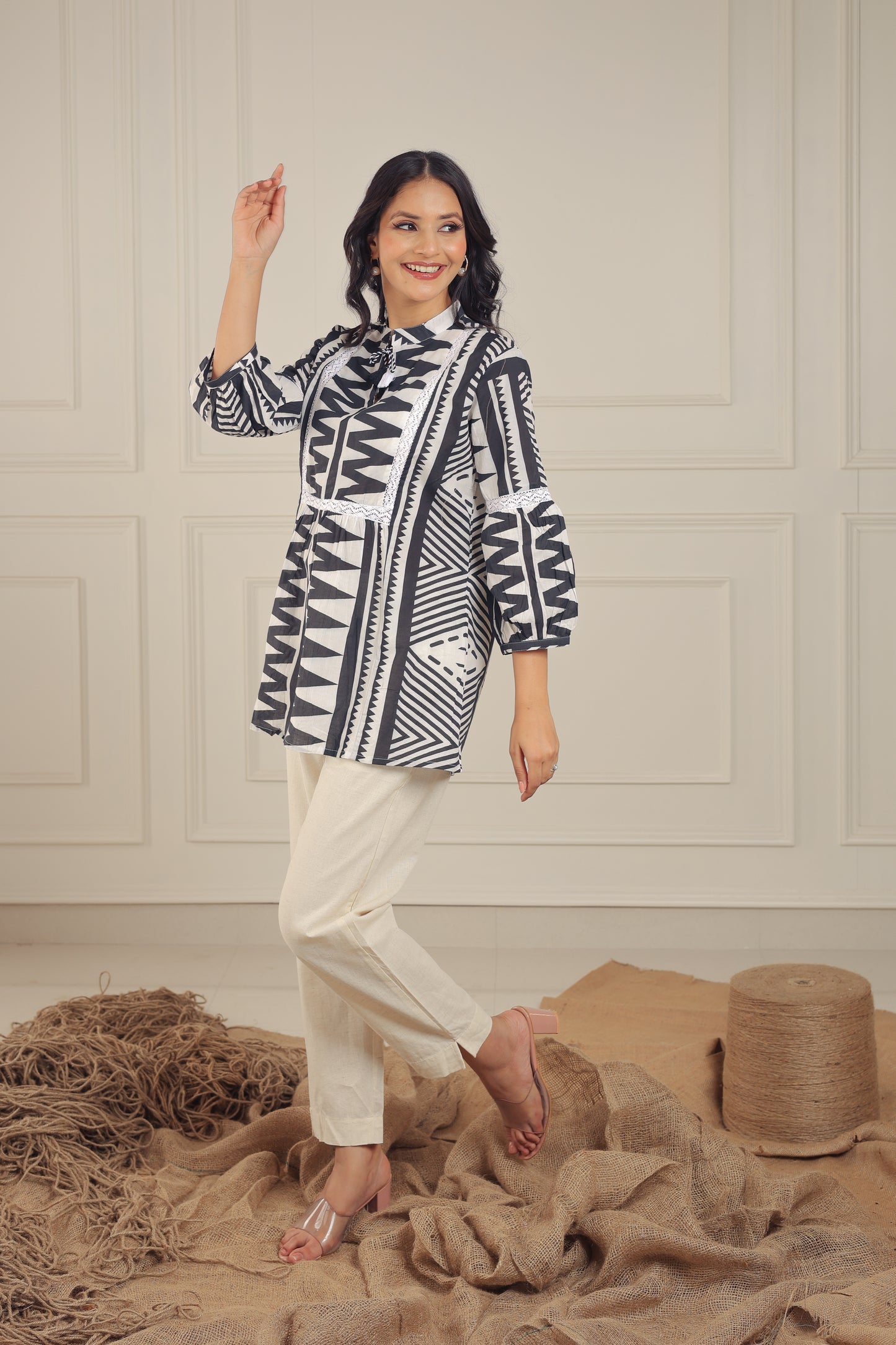 Black & White Tribal Print Cotton Peplum Top - Tunic