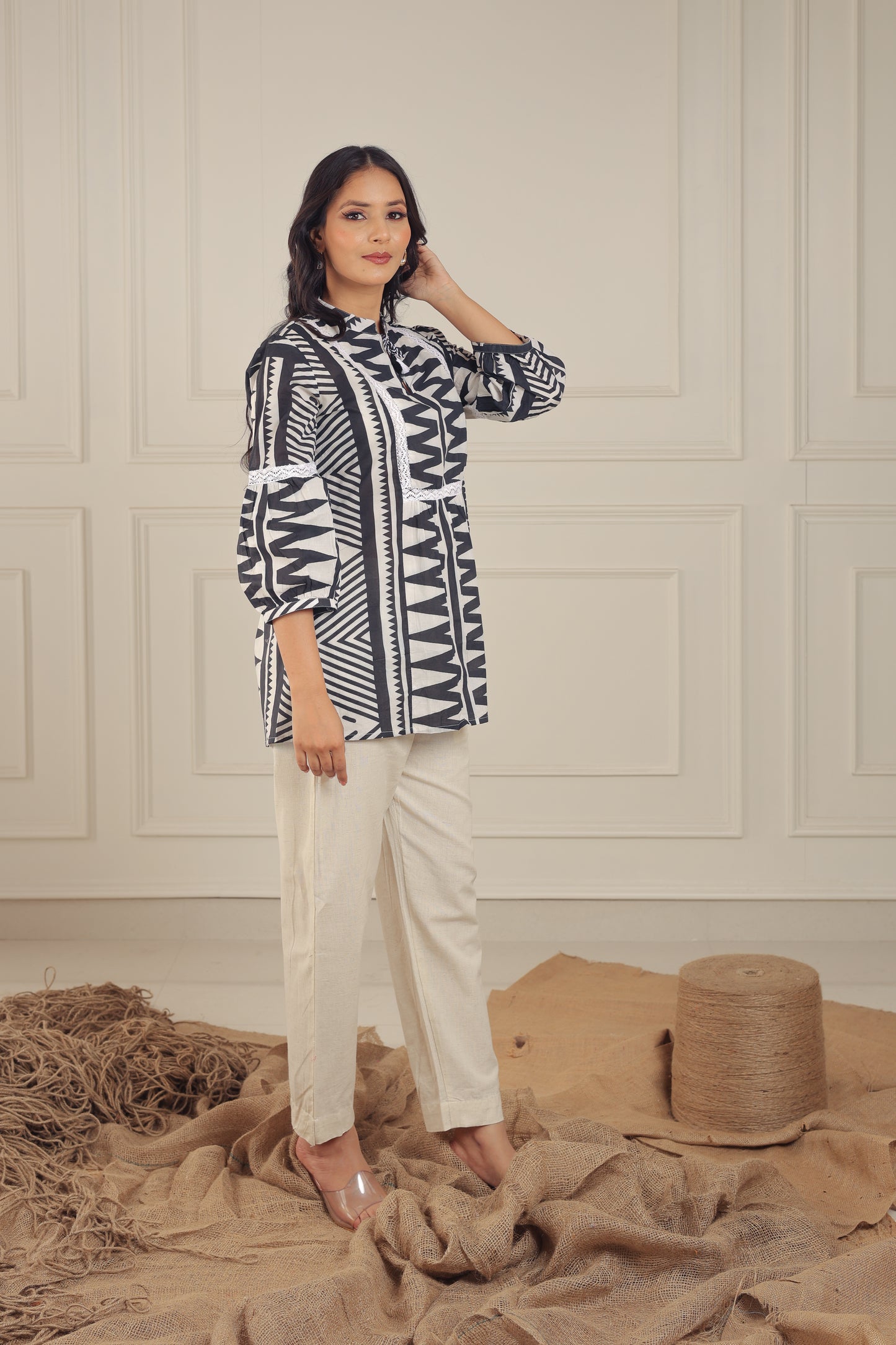 Black & White Tribal Print Cotton Peplum Top - Tunic