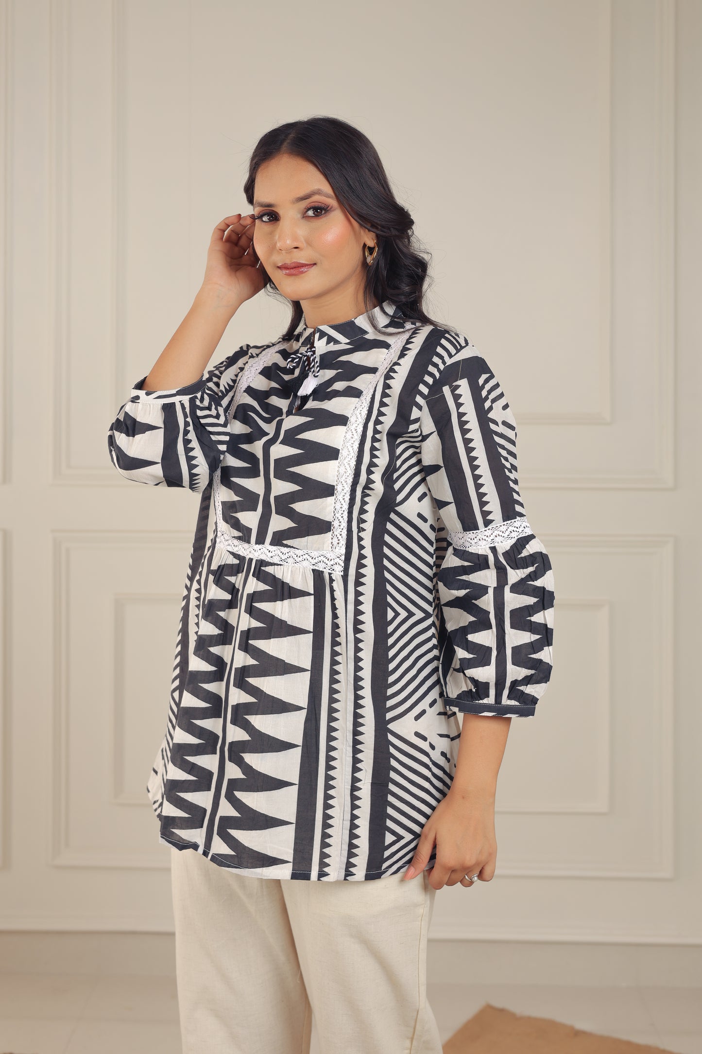Black & White Tribal Print Cotton Peplum Top - Tunic