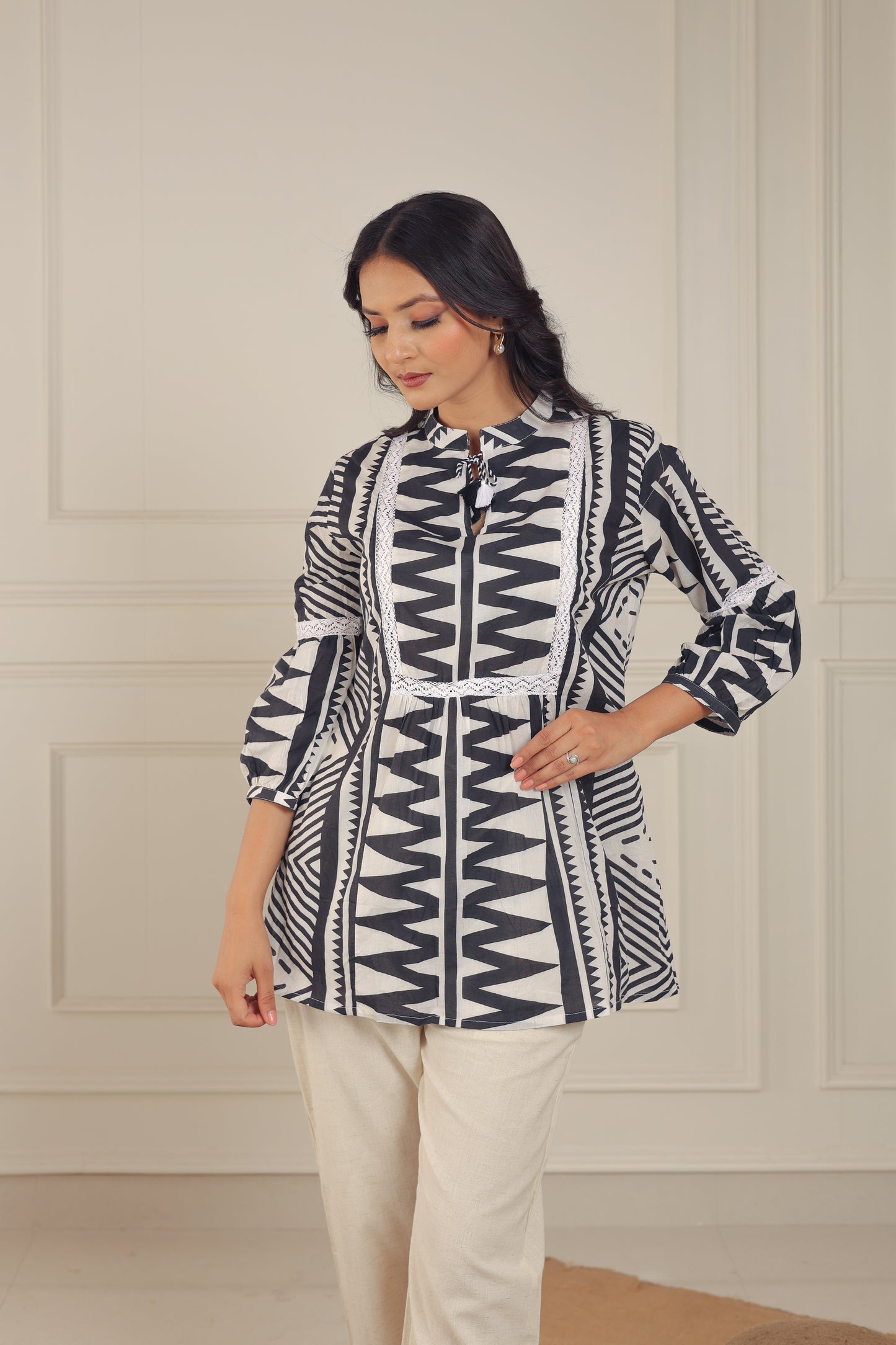 Black & White Tribal Print Cotton Peplum Top - Tunic