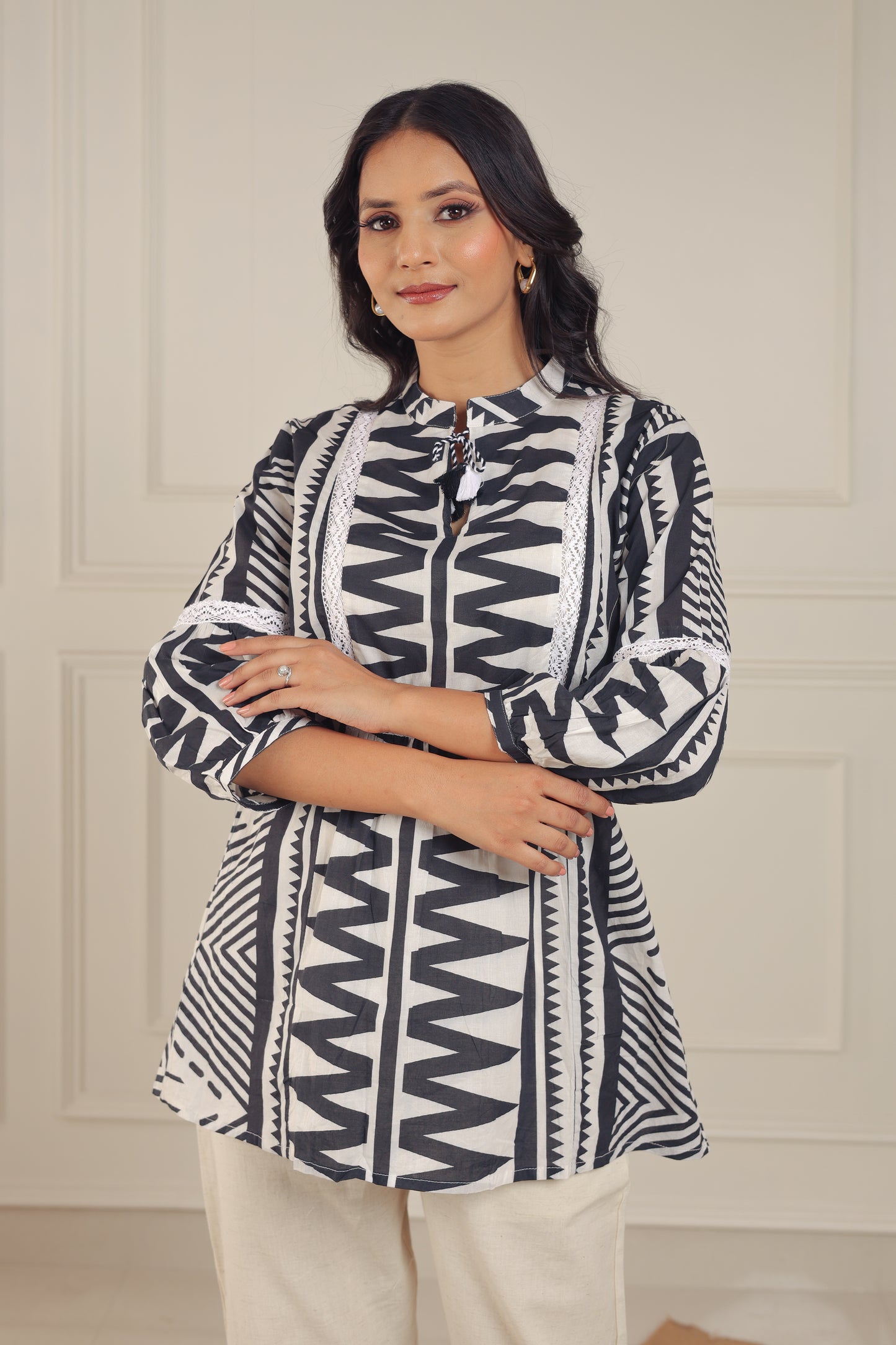 Black & White Tribal Print Cotton Peplum Top - Tunic