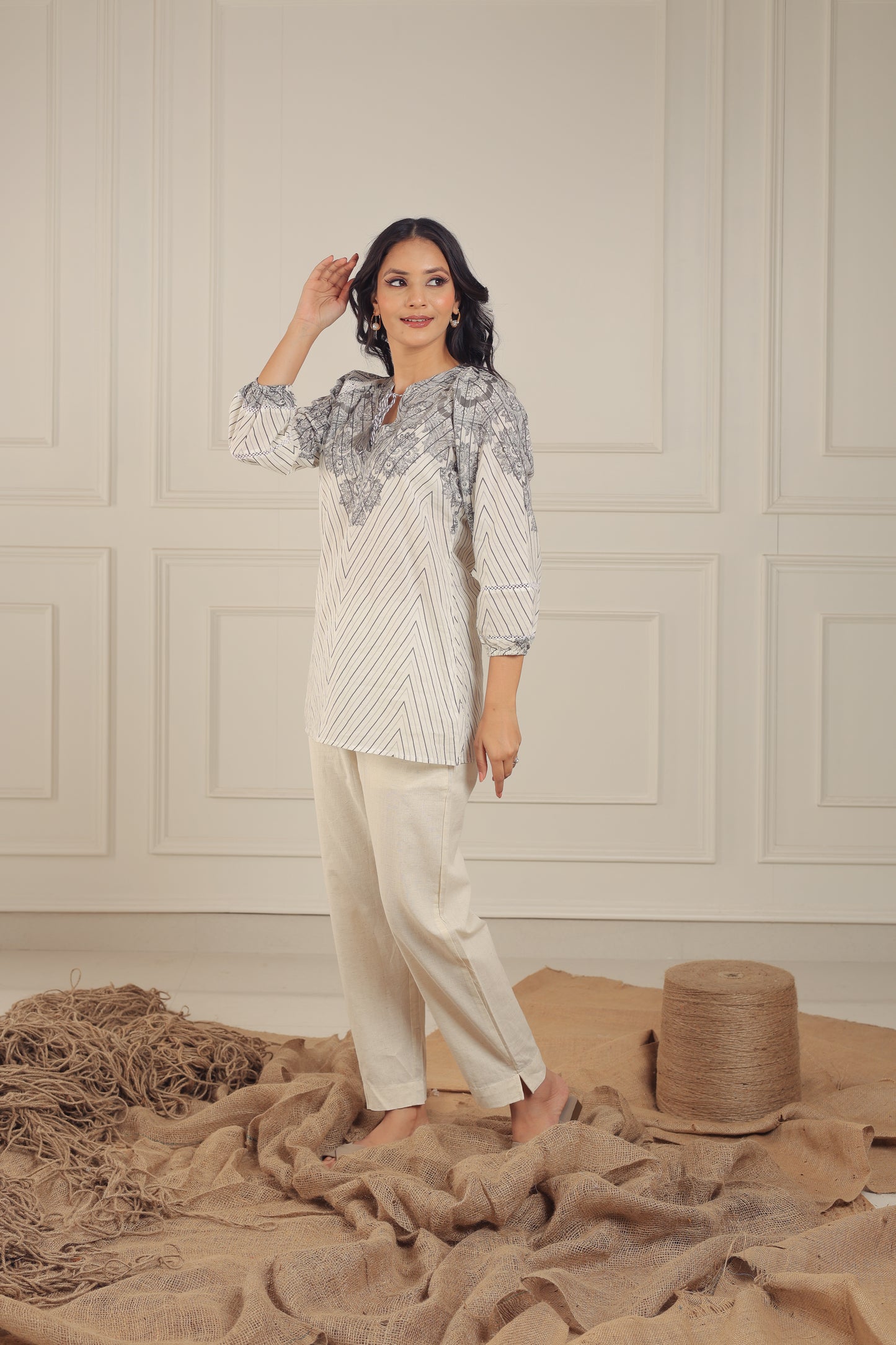 Off-White and Grey Paterned Tunic