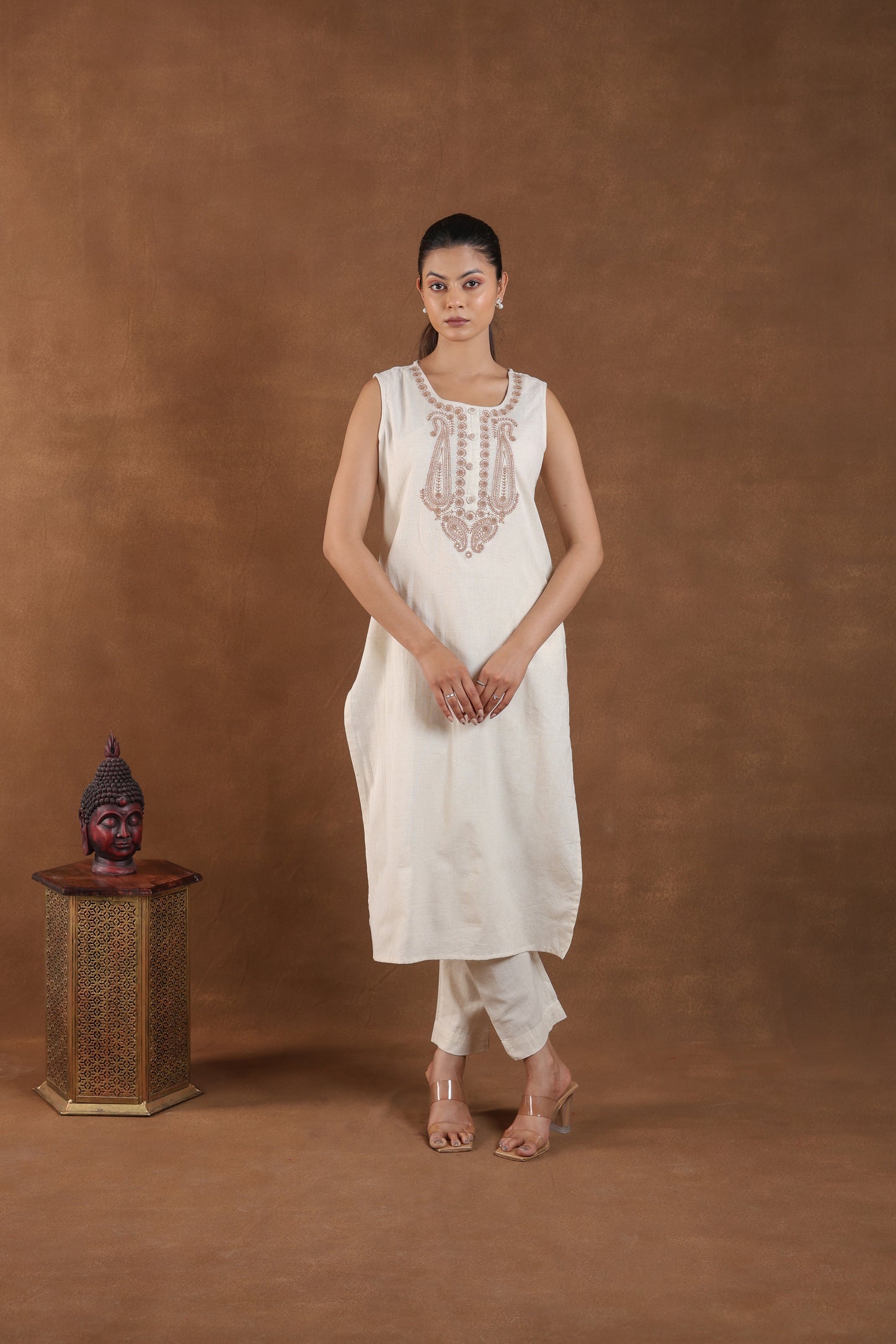 Off-White Embroidered Sleeveless Kurta Set