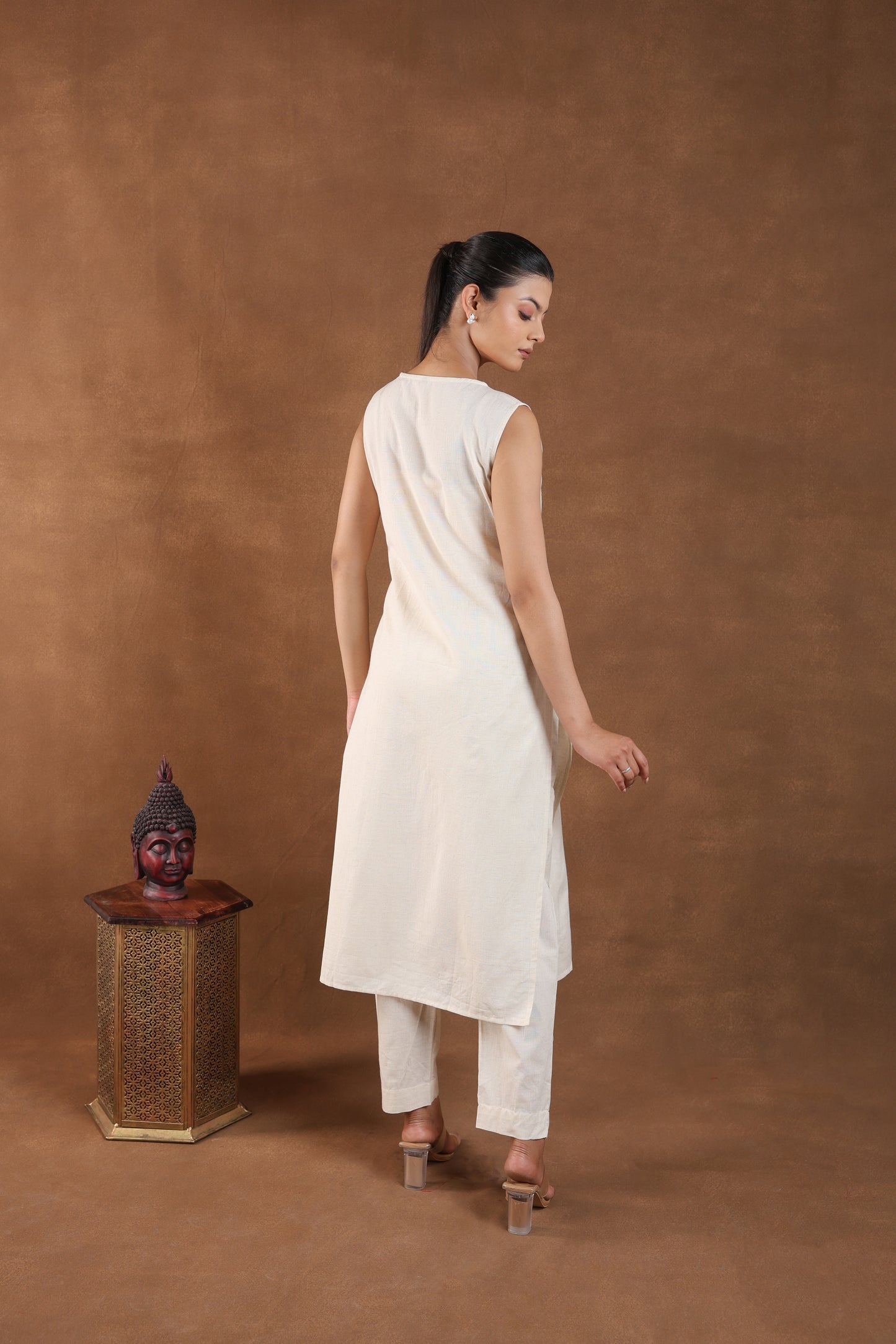 Off-White Embroidered Sleeveless Kurta Set