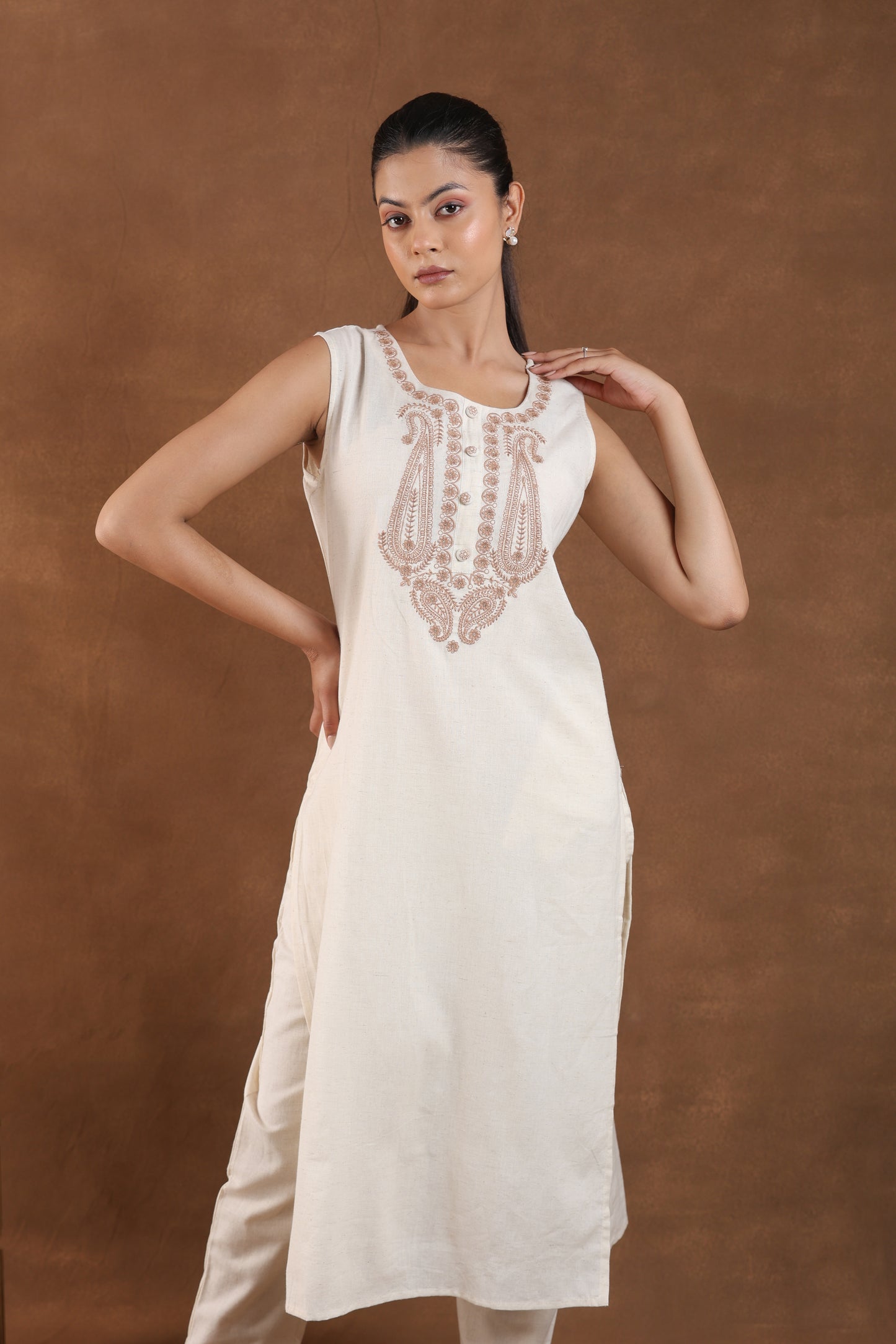 Off-White Embroidered Sleeveless Kurta Set