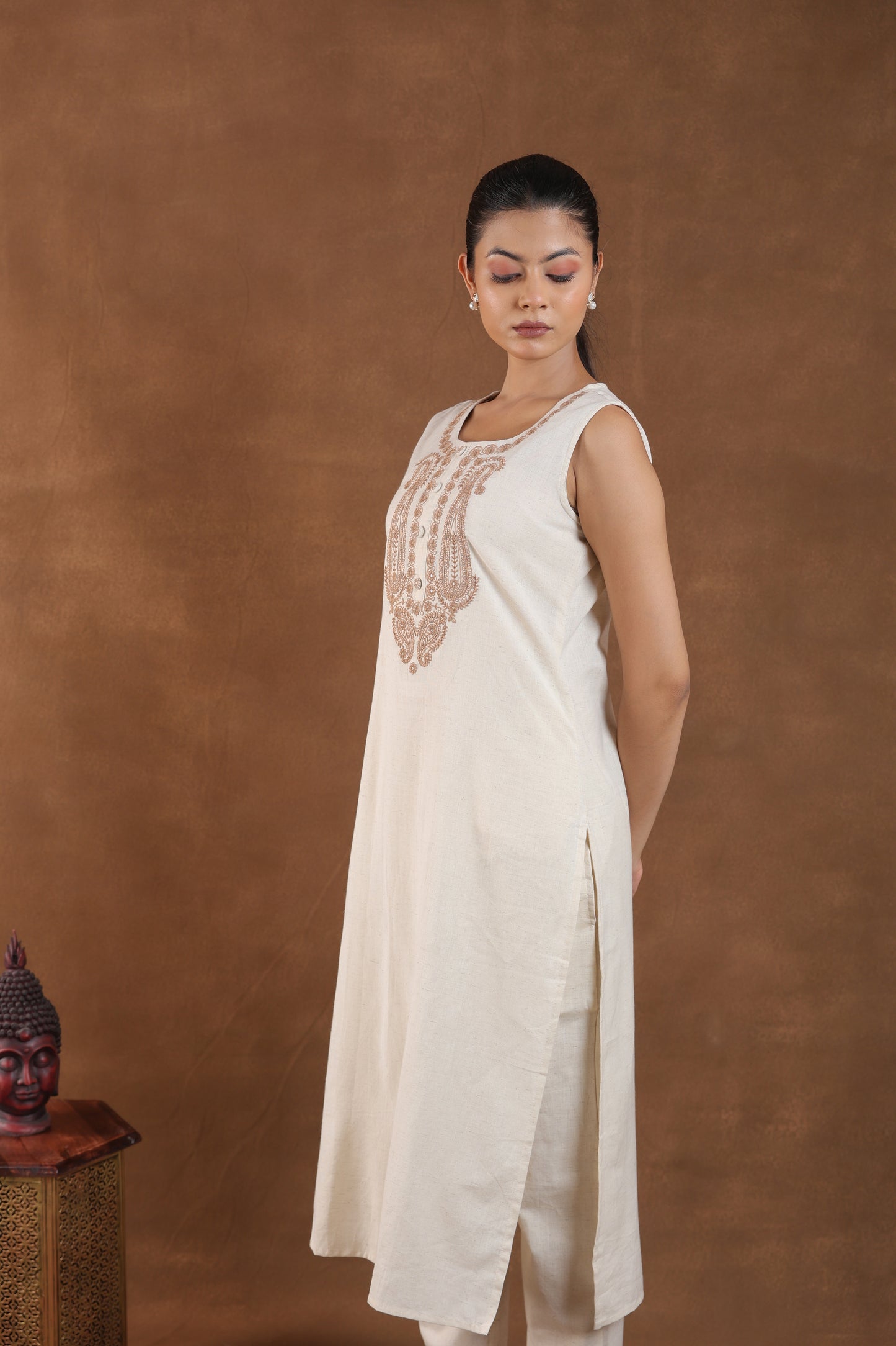 Off-White Embroidered Sleeveless Kurta Set