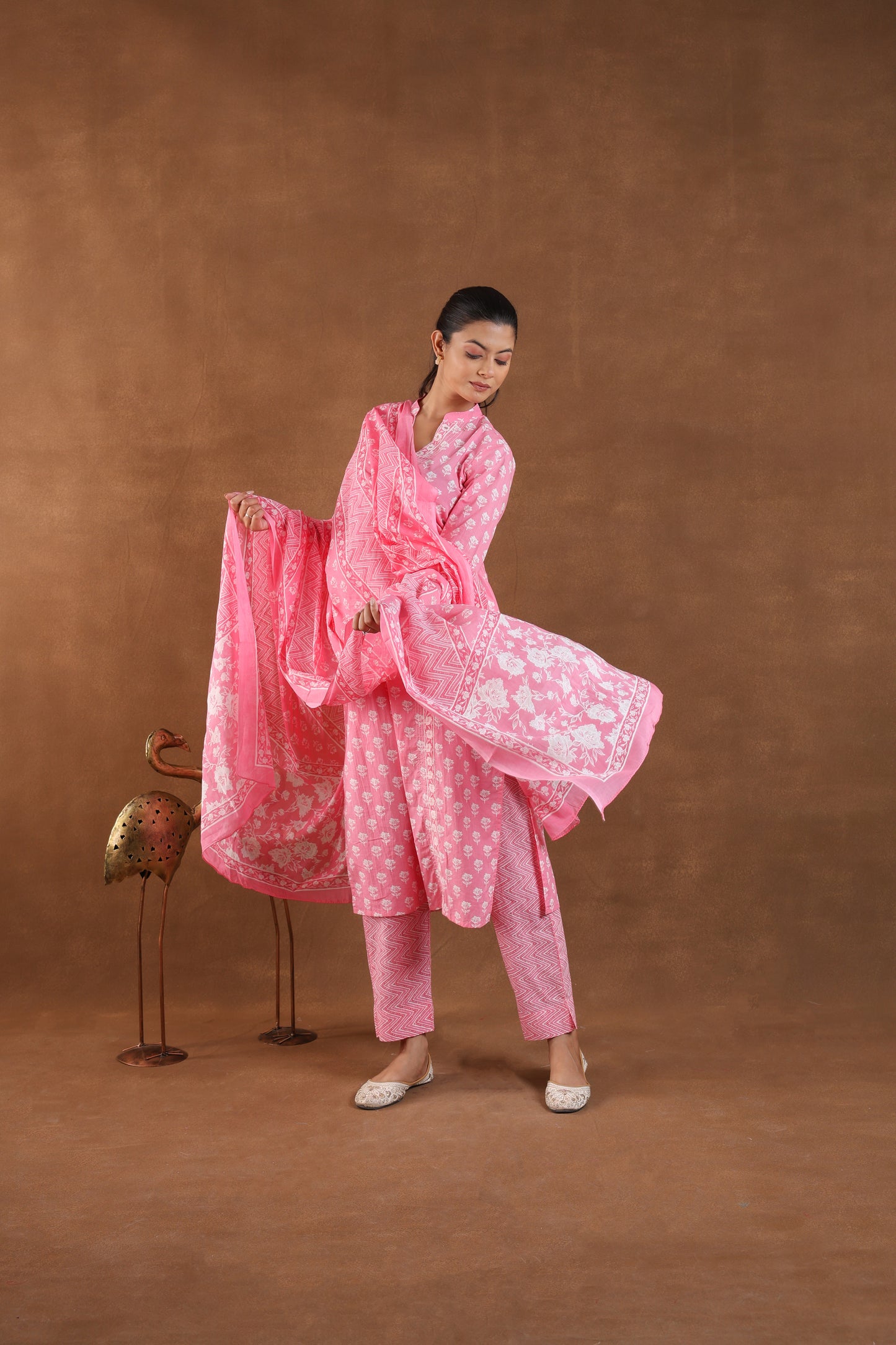 Light Rose Block Printed Cotton Kurta Set with Dupatta