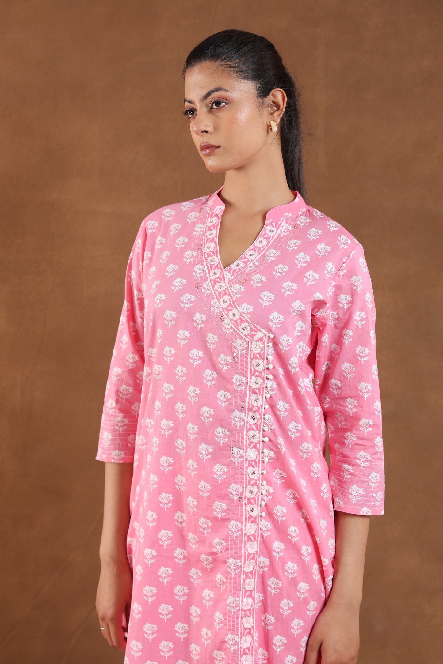Light Rose Block Printed Cotton Kurta Set with Dupatta