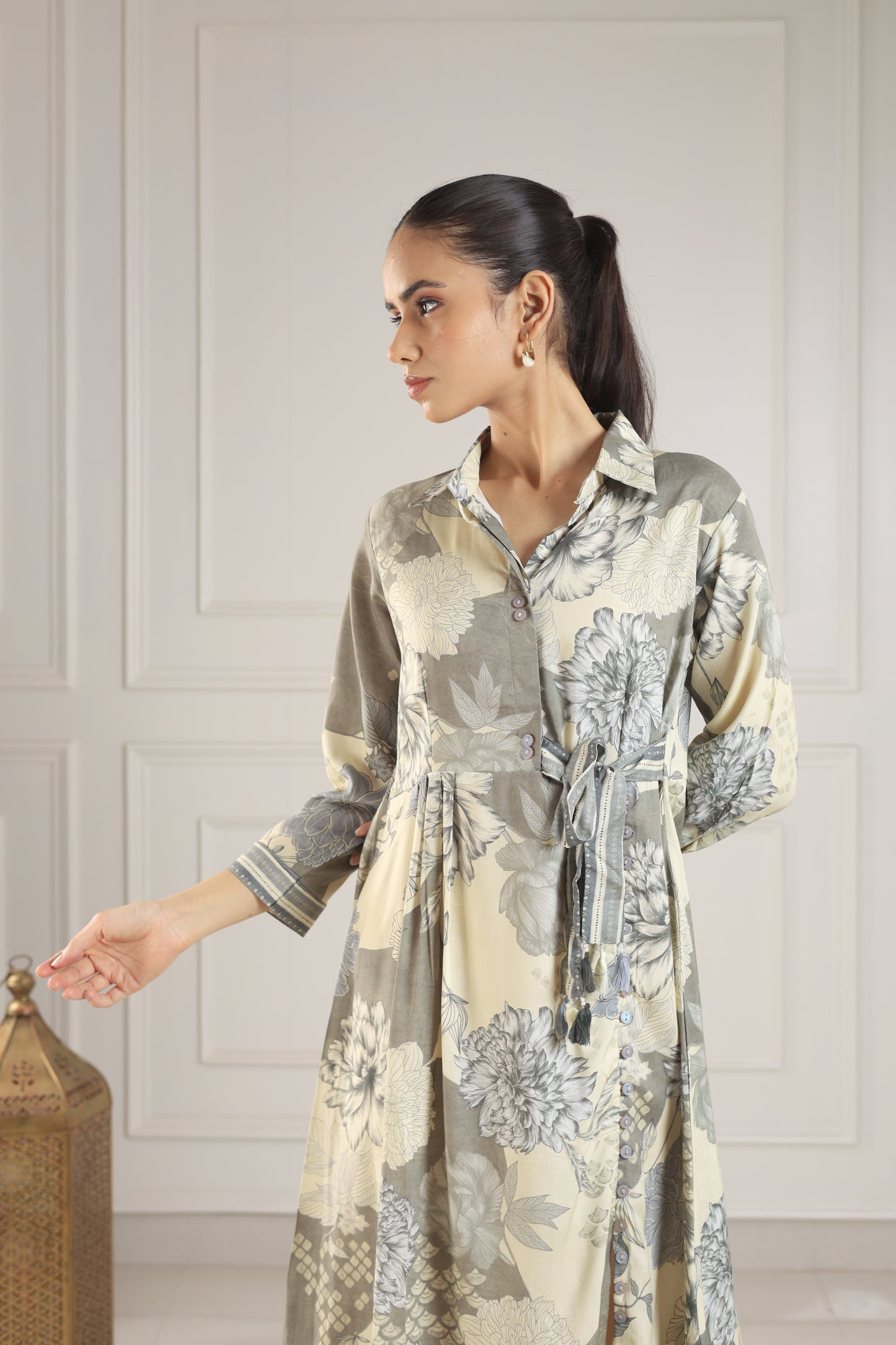 Taupe & Ivory Patterned Button-Down Midi Dress