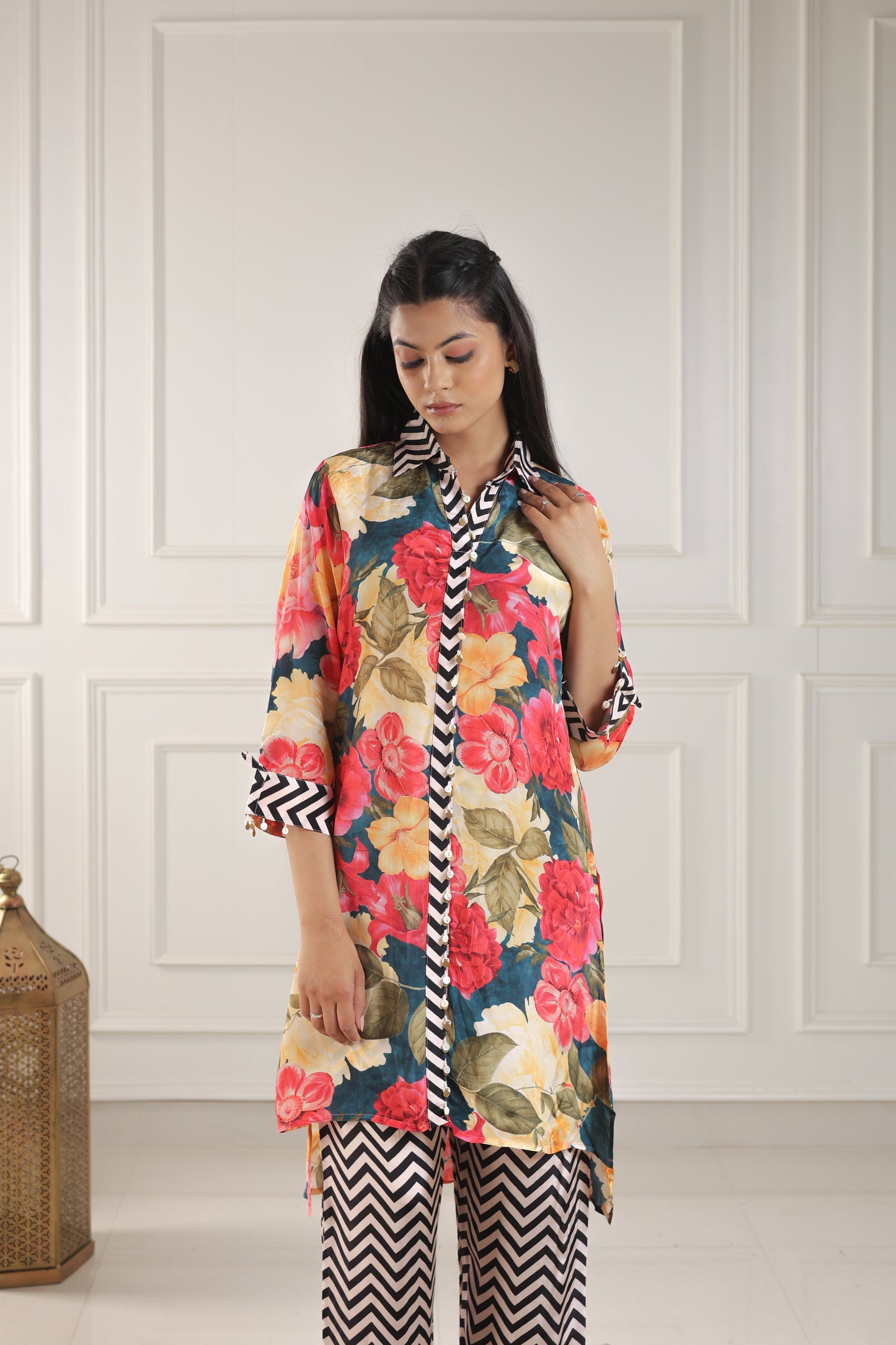 Teal, Pink & White Botanical Chevron Co-ord Set