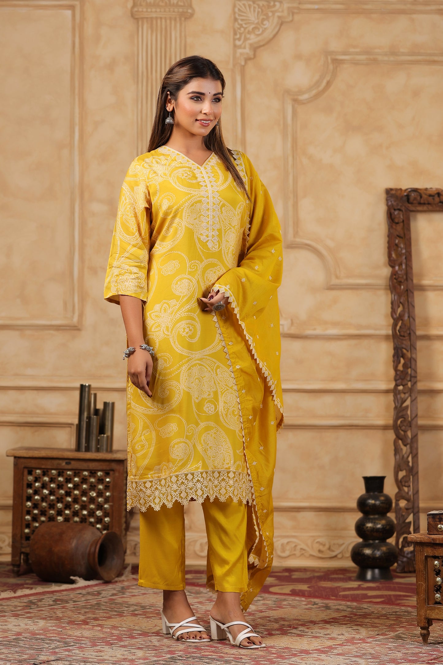 Yellow Paisley Printed Kurta Set with Crochet Lace