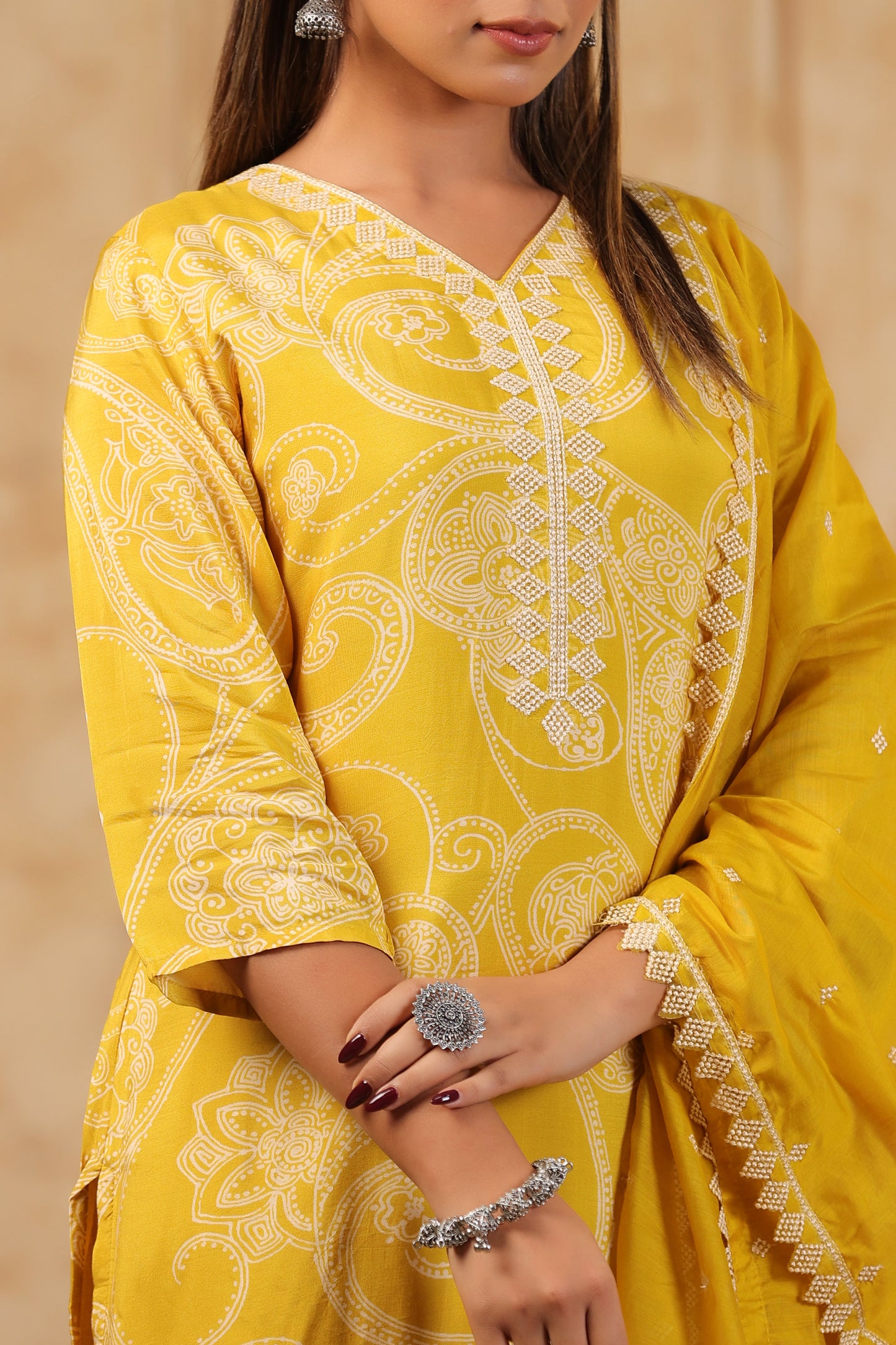 Yellow Paisley Printed Kurta Set with Crochet Lace