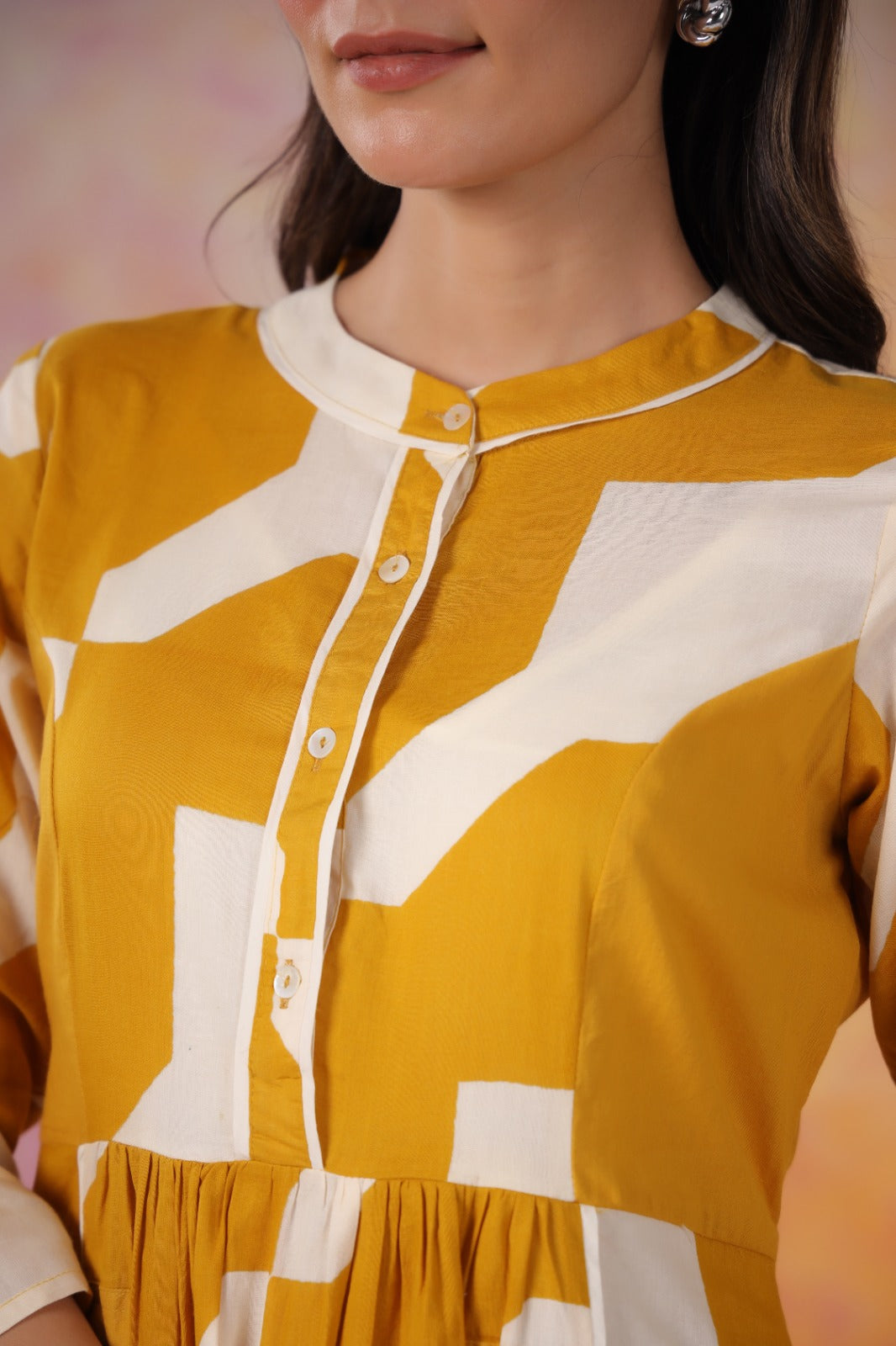 Mustard Abstract Print Cotton Midi Dress