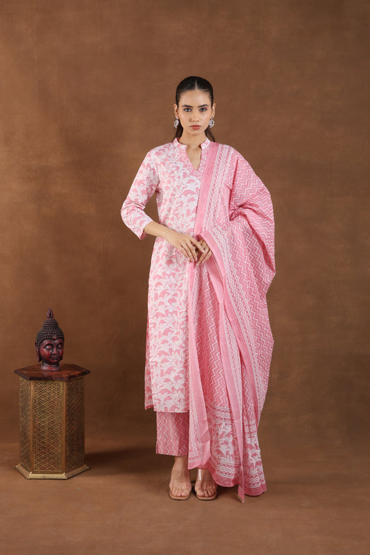 Blush Pink Floral Cotton Kurta Set with Dupatta