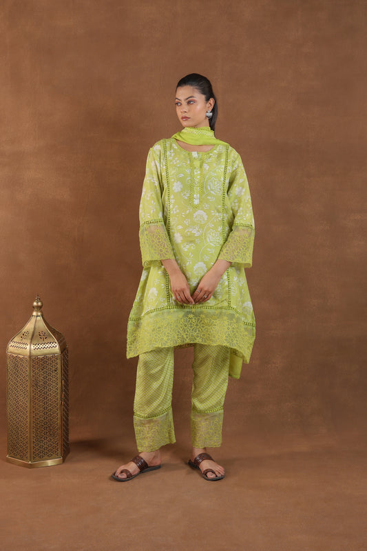Lime Green Embroidered Cotton Kurta Set with Dupatta