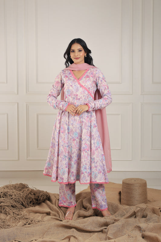 Blush Pink Floral Anarkali Kurta Set with Dupatta