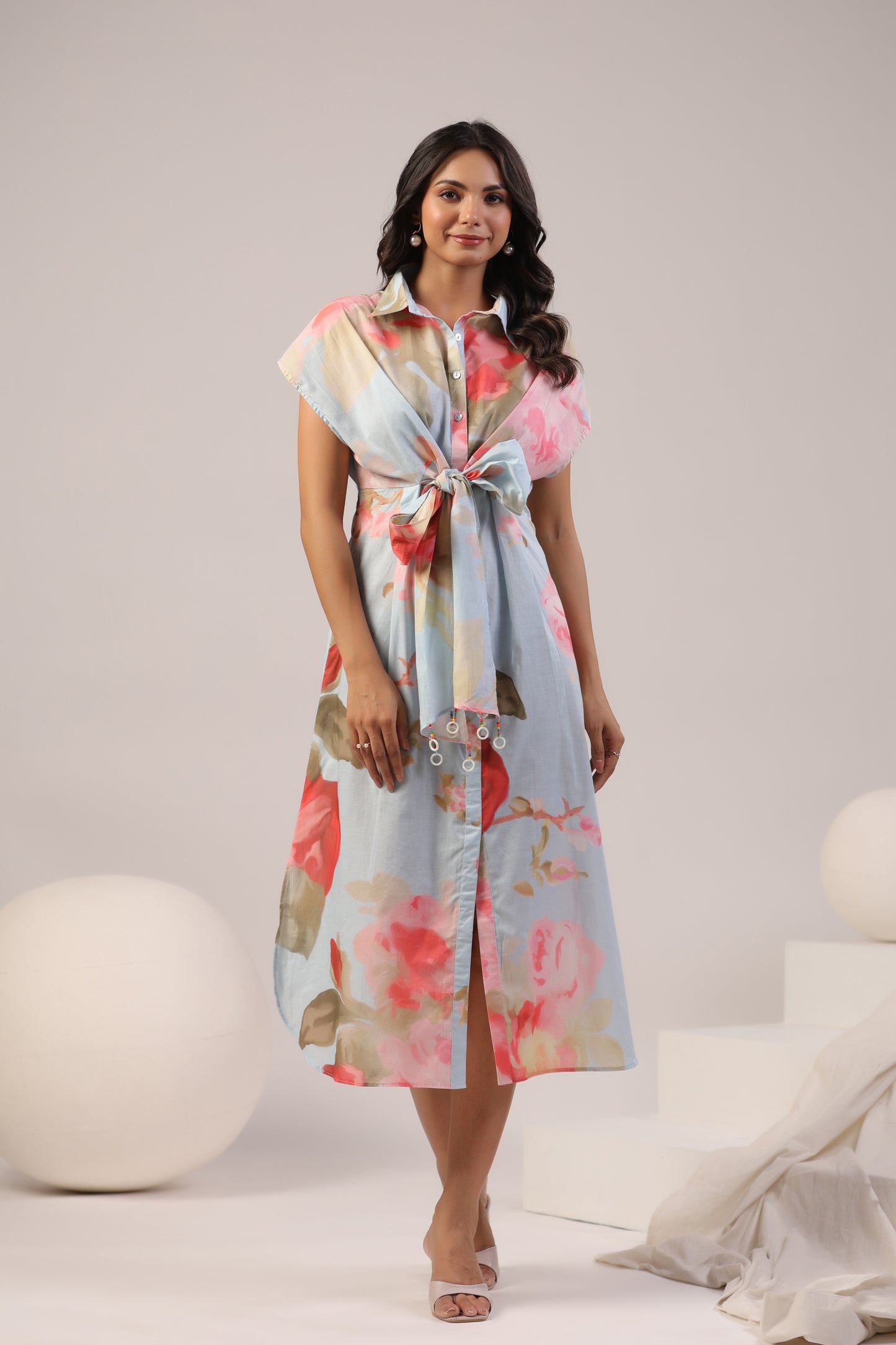 Pastel Bloom Front-Tie Midi Dress
