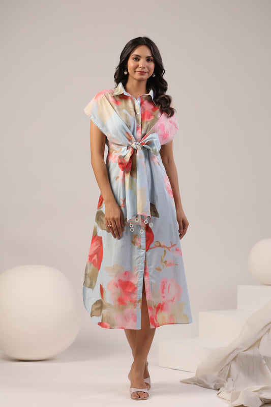 Pastel Bloom Front-Tie Midi Dress