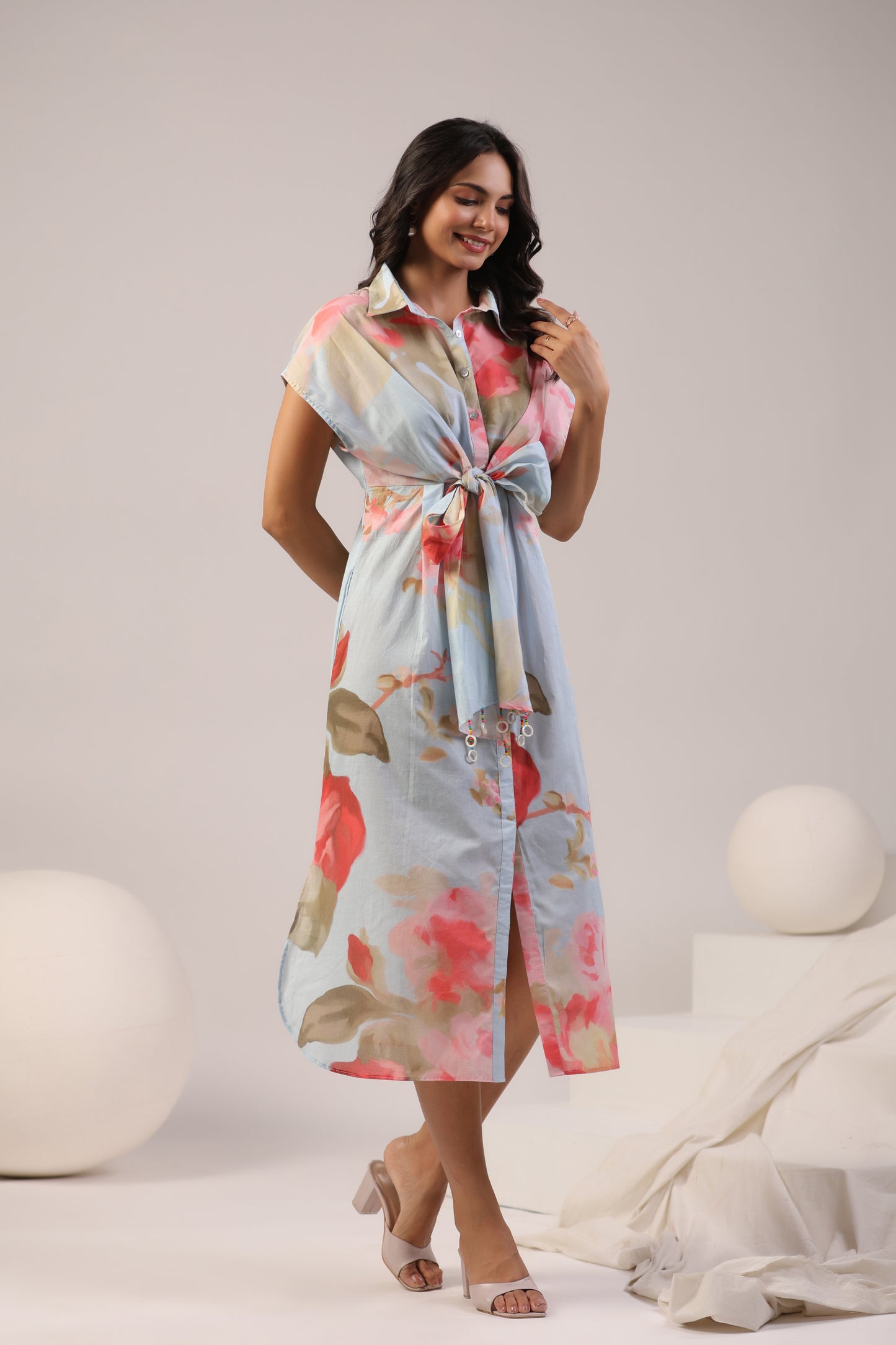 Pastel Bloom Front-Tie Midi Dress