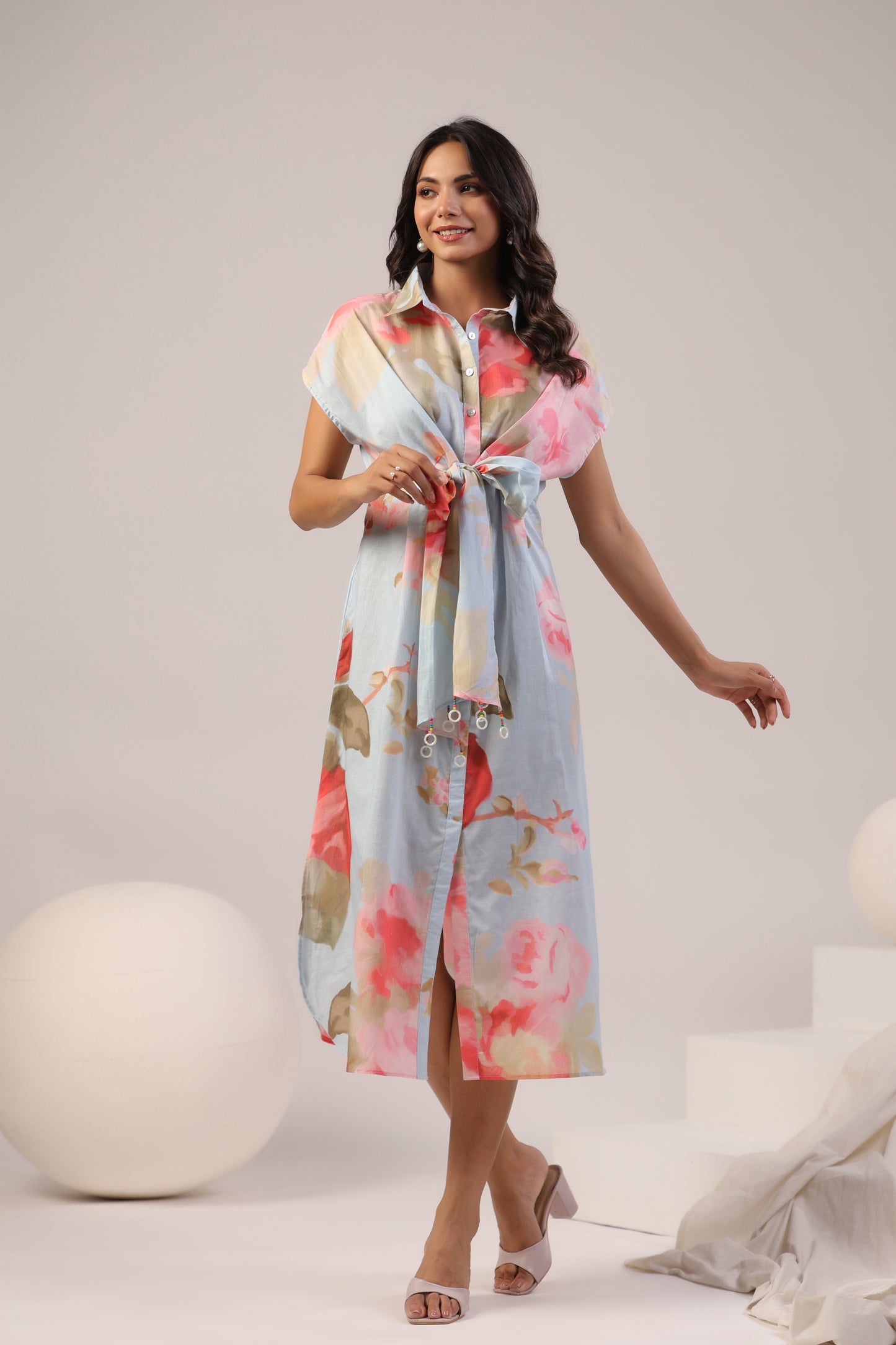 Pastel Bloom Front-Tie Midi Dress