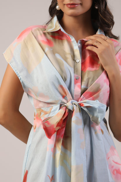 Pastel Bloom Front-Tie Midi Dress