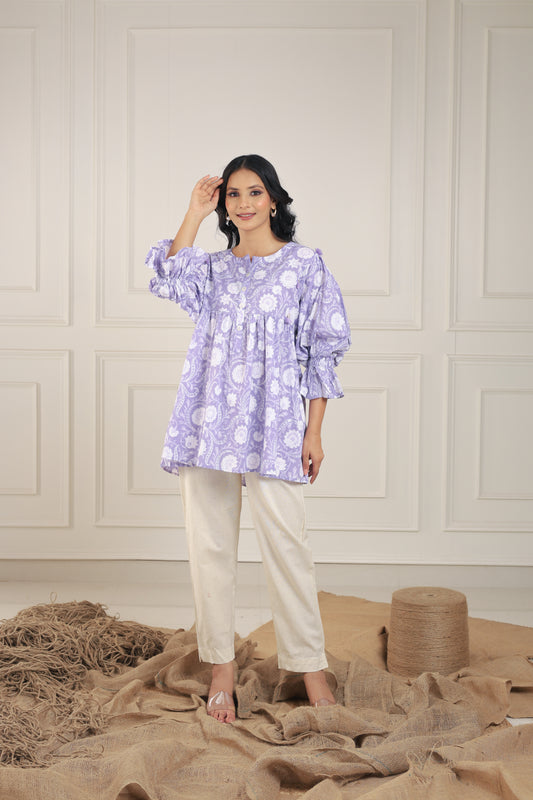 Lavender Floral Print Kurta Set with Dupatta