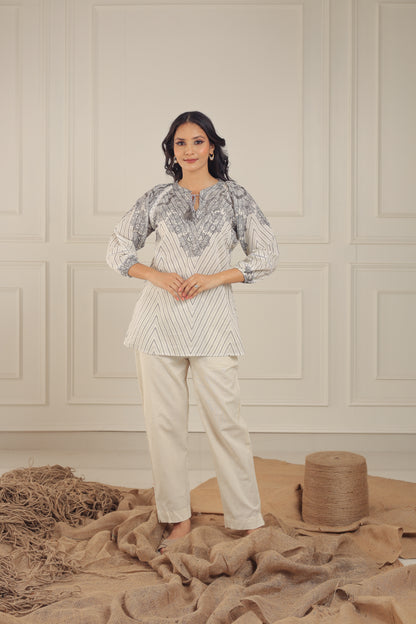Off-White and Grey Paterned Tunic