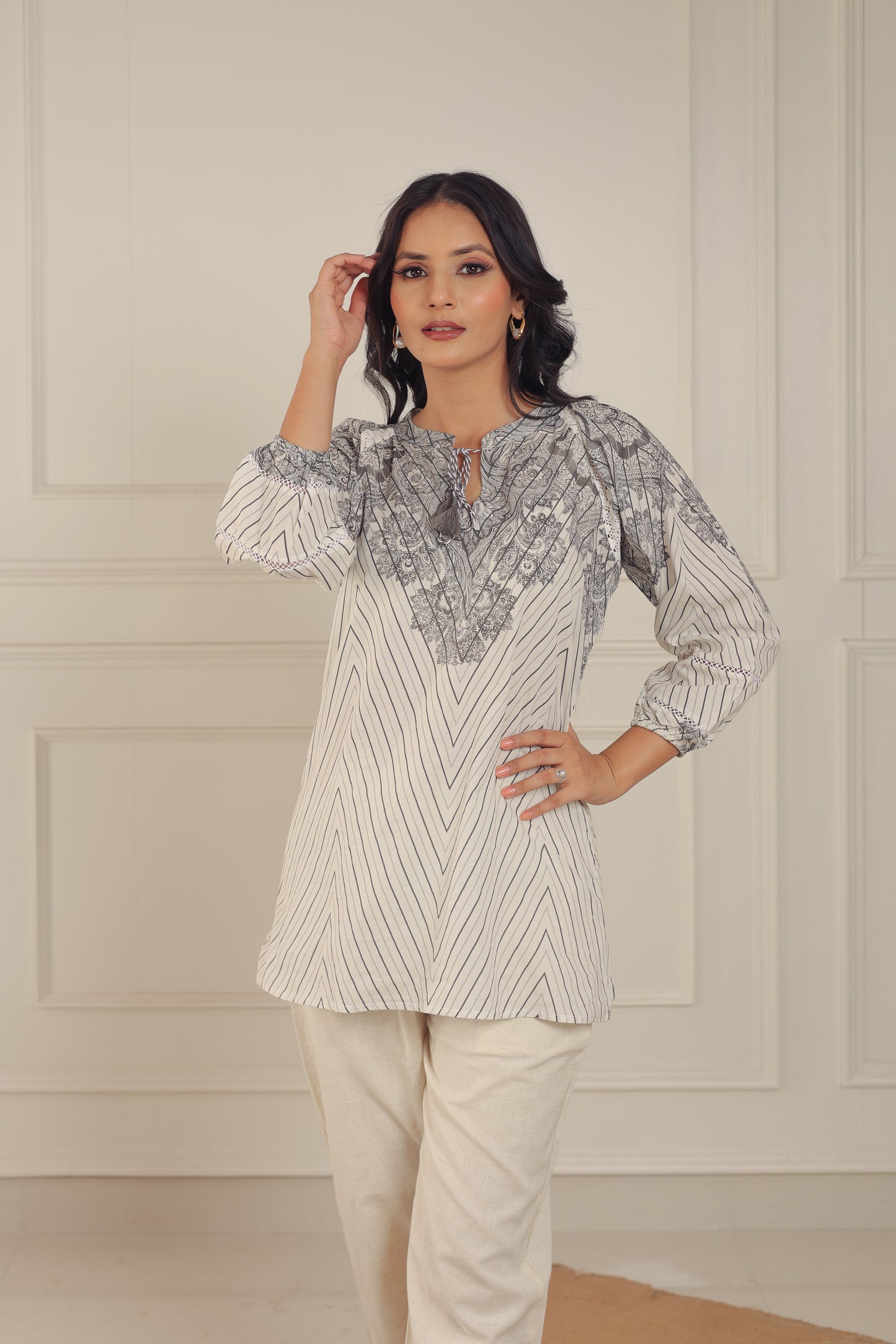 Off-White and Grey Paterned Tunic