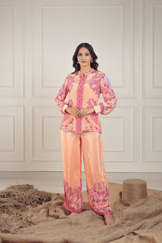 Peach & Pink Paisley Silk Co-ord Set