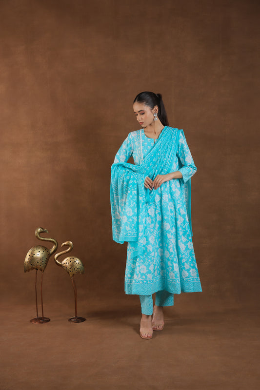 Aqua Blue Floral Print Anarkali Kurta Set