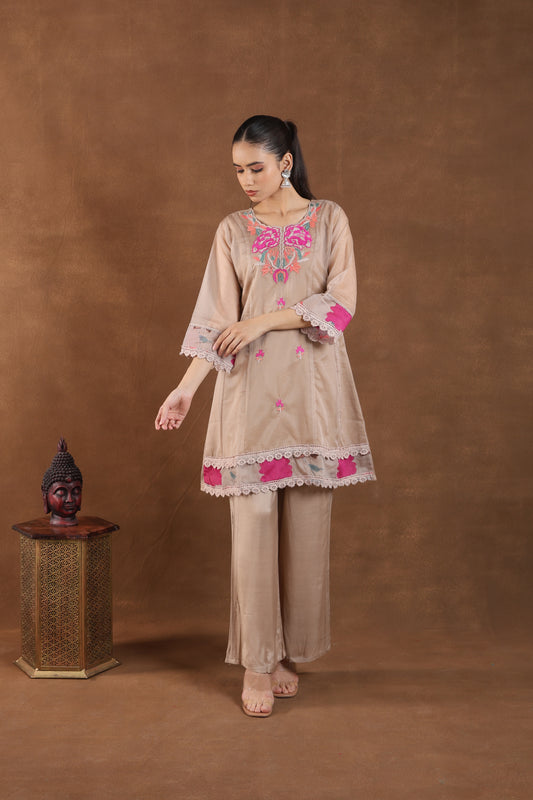 Taupe Embroidered Cotton Net Kurta Set
