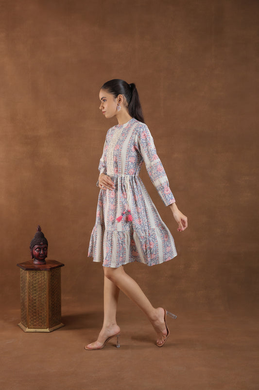Soft Pastel Floral Printed Tiered Midi Dress