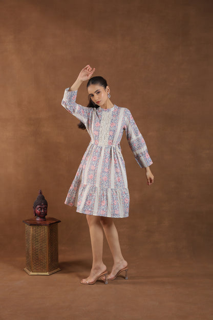 Soft Pastel Floral Printed Tiered Midi Dress