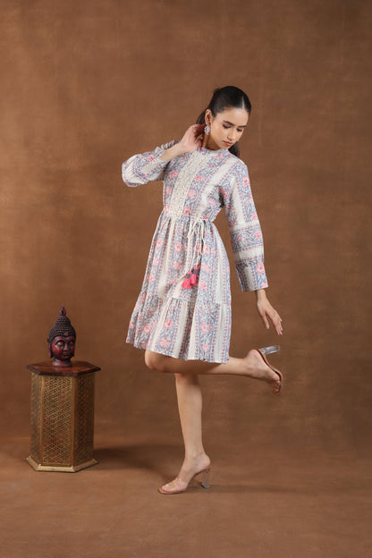 Soft Pastel Floral Printed Tiered Midi Dress