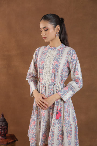 Soft Pastel Floral Printed Tiered Midi Dress