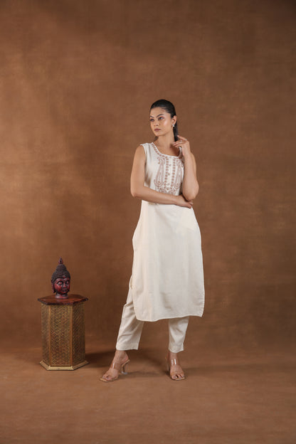 Off-White Embroidered Sleeveless Kurta Set
