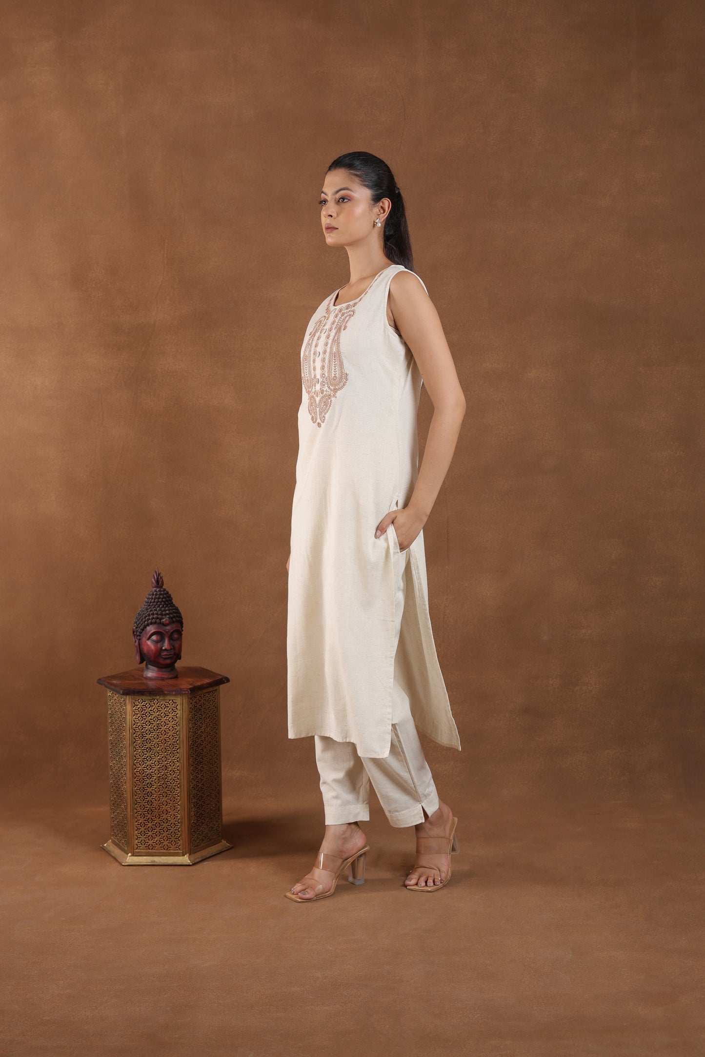 Off-White Embroidered Sleeveless Kurta Set