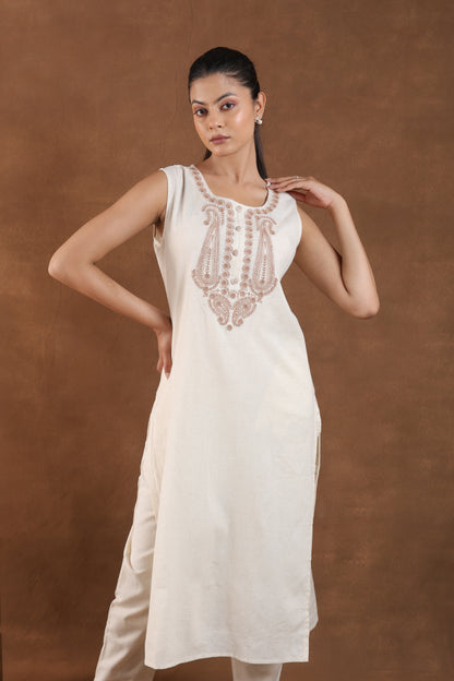 Off-White Embroidered Sleeveless Kurta Set