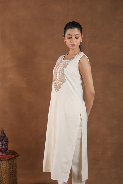 Off-White Embroidered Sleeveless Kurta Set