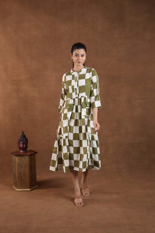 Olive Green & White Checkered Midi Dress