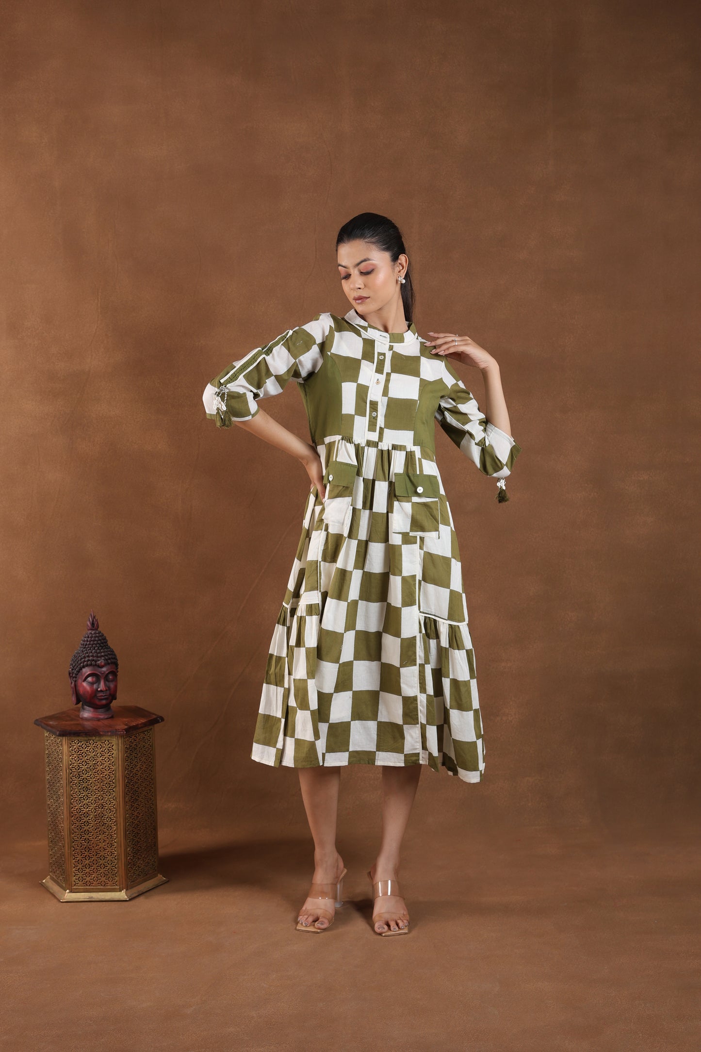 Olive Green & White Checkered Midi Dress