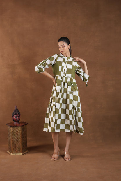 Olive Green & White Checkered Midi Dress