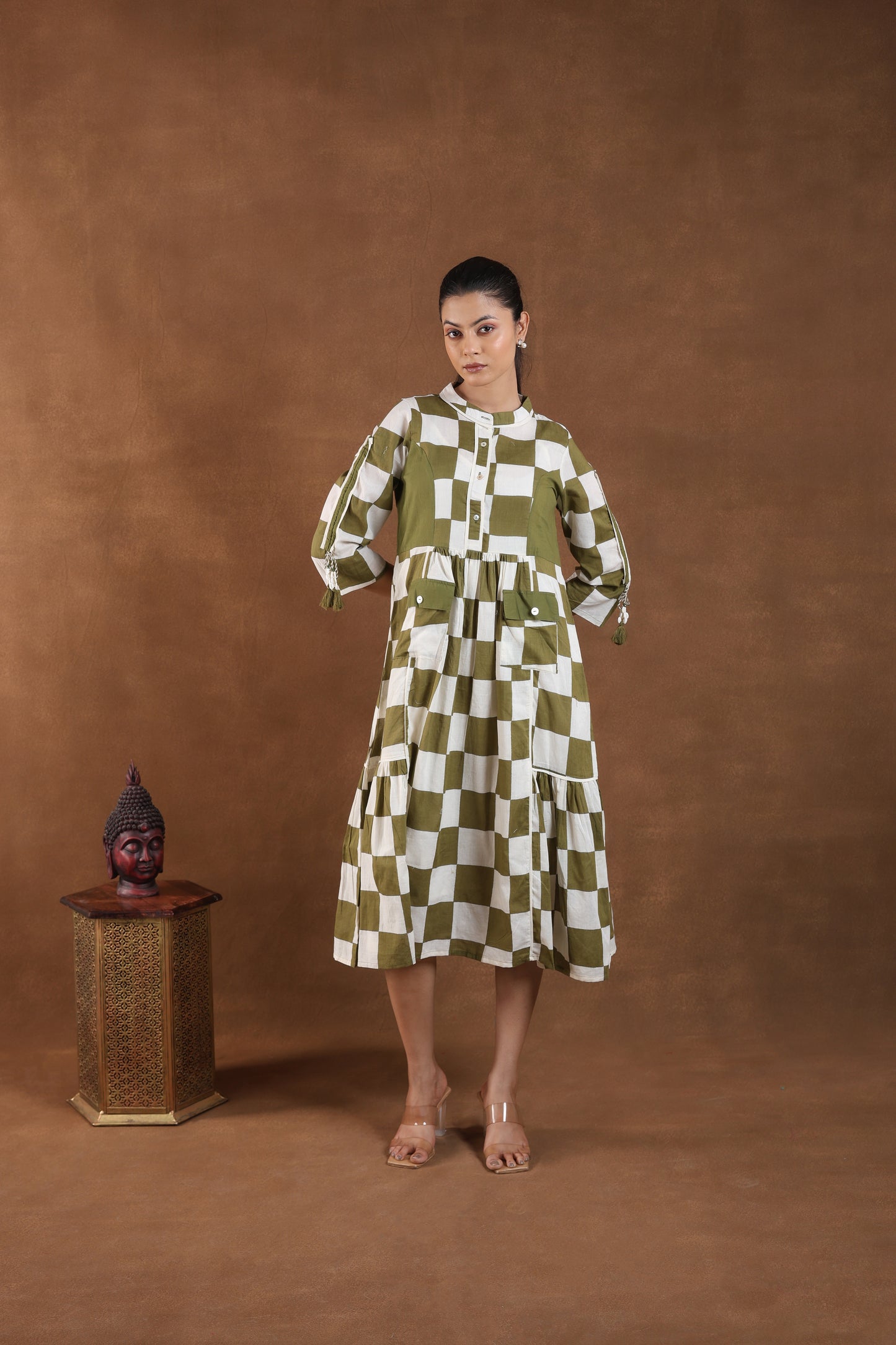 Olive Green & White Checkered Midi Dress