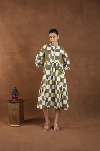 Olive Green & White Checkered Midi Dress