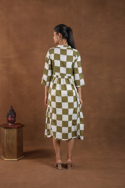 Olive Green & White Checkered Midi Dress