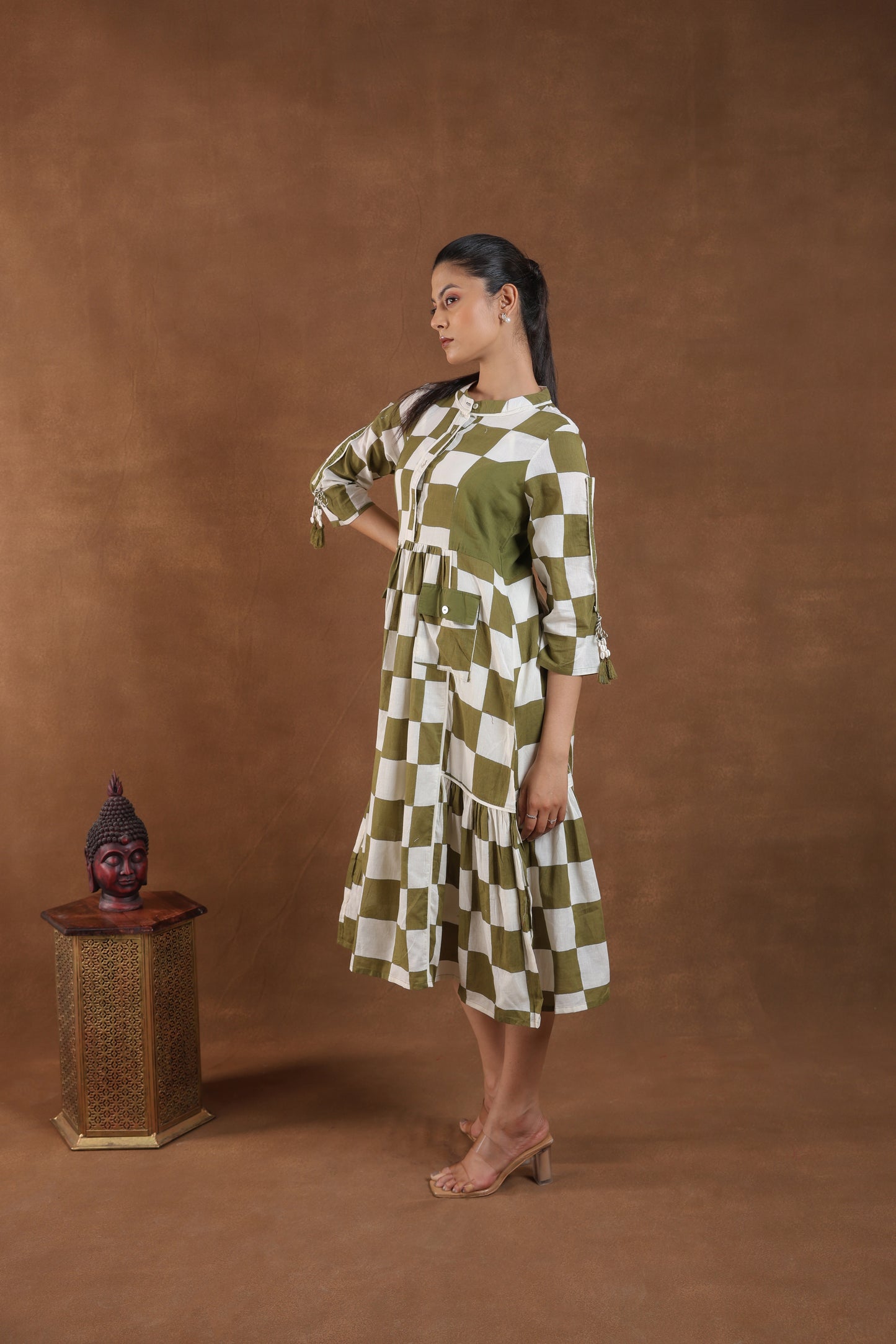 Olive Green & White Checkered Midi Dress