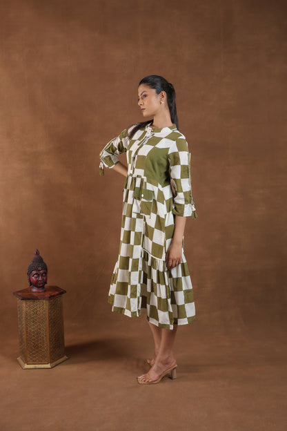 Olive Green & White Checkered Midi Dress